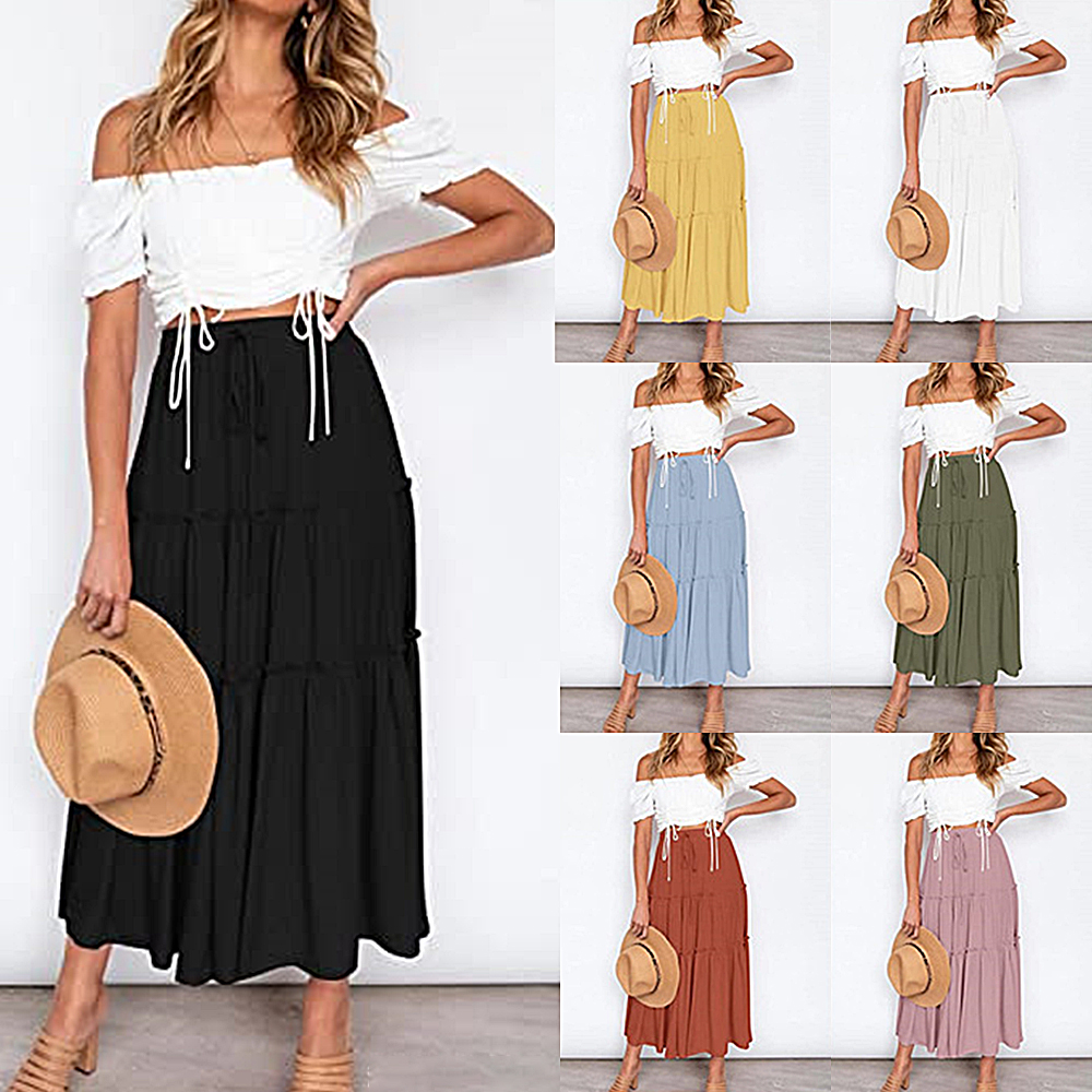 Macymars™ 2022 Summer Bohemian Elastic High Waist A Line Midi Skirt Casual Ruffle Long Skirt for Women