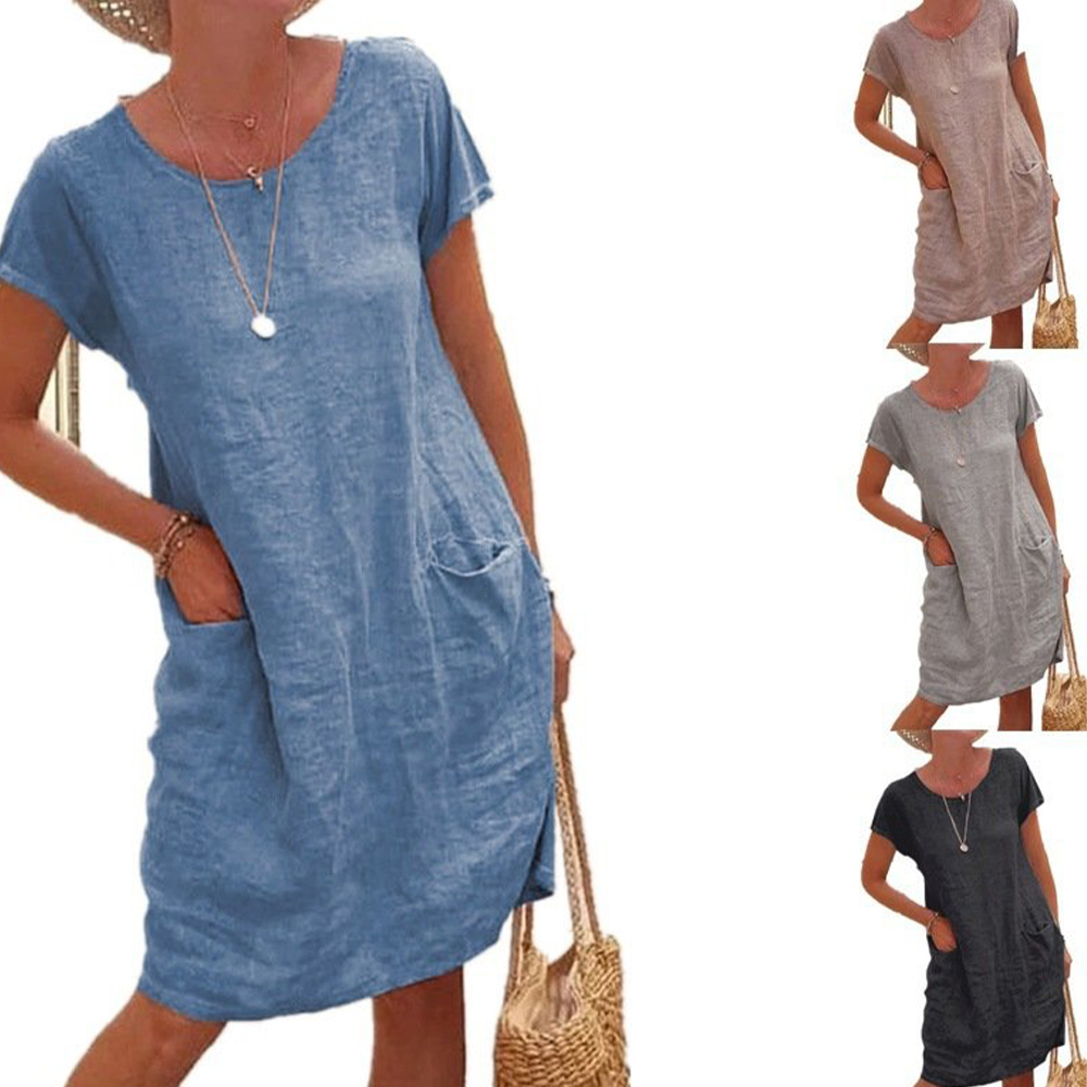 Macymars™ Summer Loose Solid Color Cotton Linen Pocket Crew Neck Dress